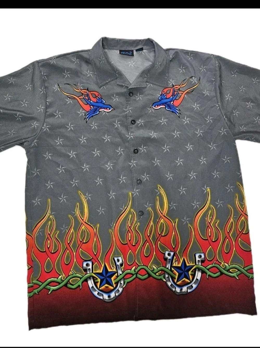 Vintage MT:2 Mens Bowling Y2K Retro Camp Shirt Large Flames Rockabilly Hot Topic